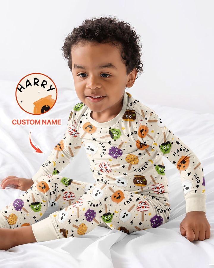 Custom Name Halloween Treats Bamboo Two Piece Long Sleeve Pajama Set