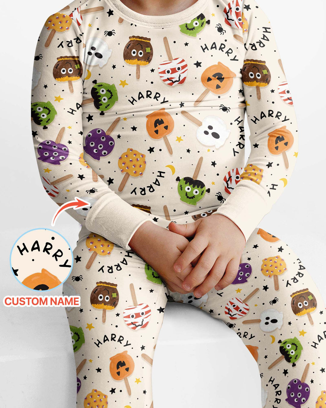 Custom Name Halloween Treats Bamboo Two Piece Long Sleeve Pajama Set