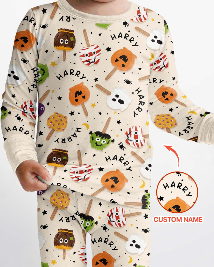 Custom Name Halloween Treats Bamboo Two Piece Long Sleeve Pajama Set