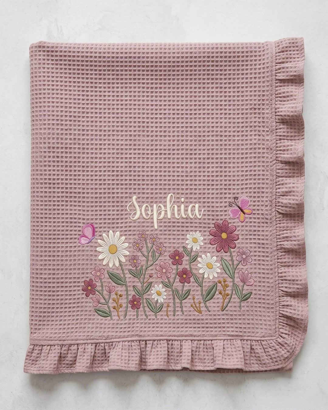 Custom Name With Flower Embroidered Waffle Ruffle Bamboo Blanket