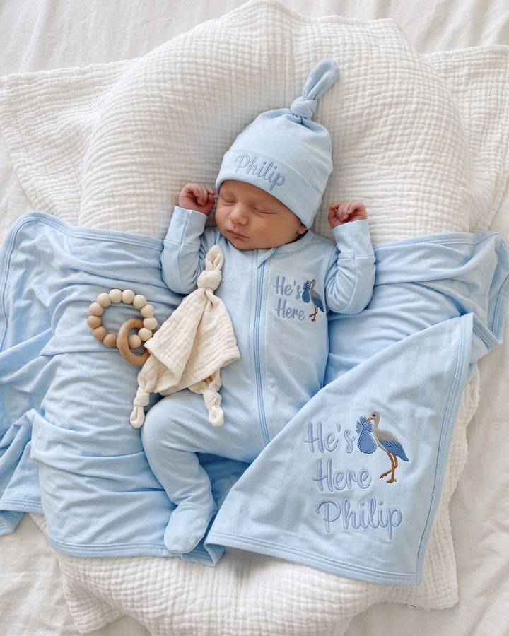 He's Here Embroidered Bamboo Welcome Home Bundle