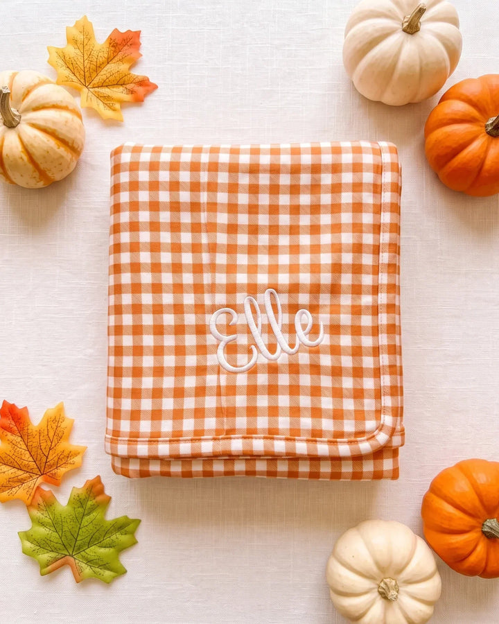 Personalized Pumpkin Gingham Appliqué Embroidered Bamboo Blanket