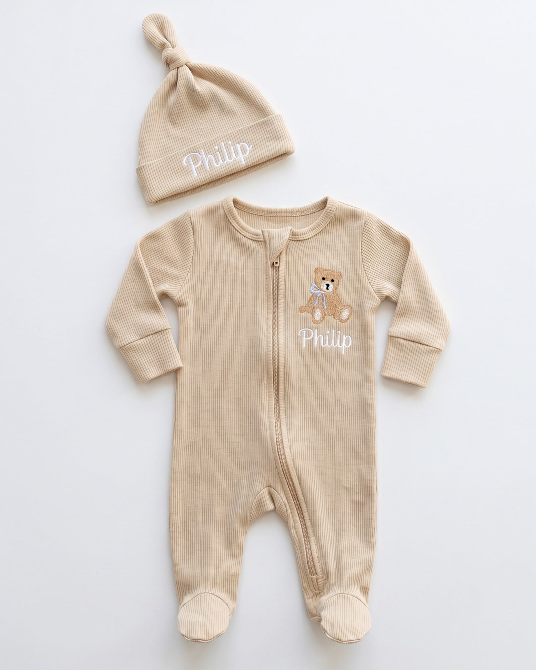 Personalized Teddy Bear Embroidered Ribbed Bamboo Welcome Home Bundle