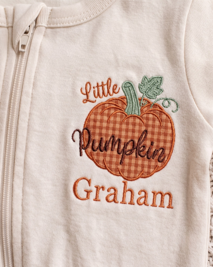 Custom Name Little Pumpkin Gingham Applique Embroidered Bamboo Zipper Footie