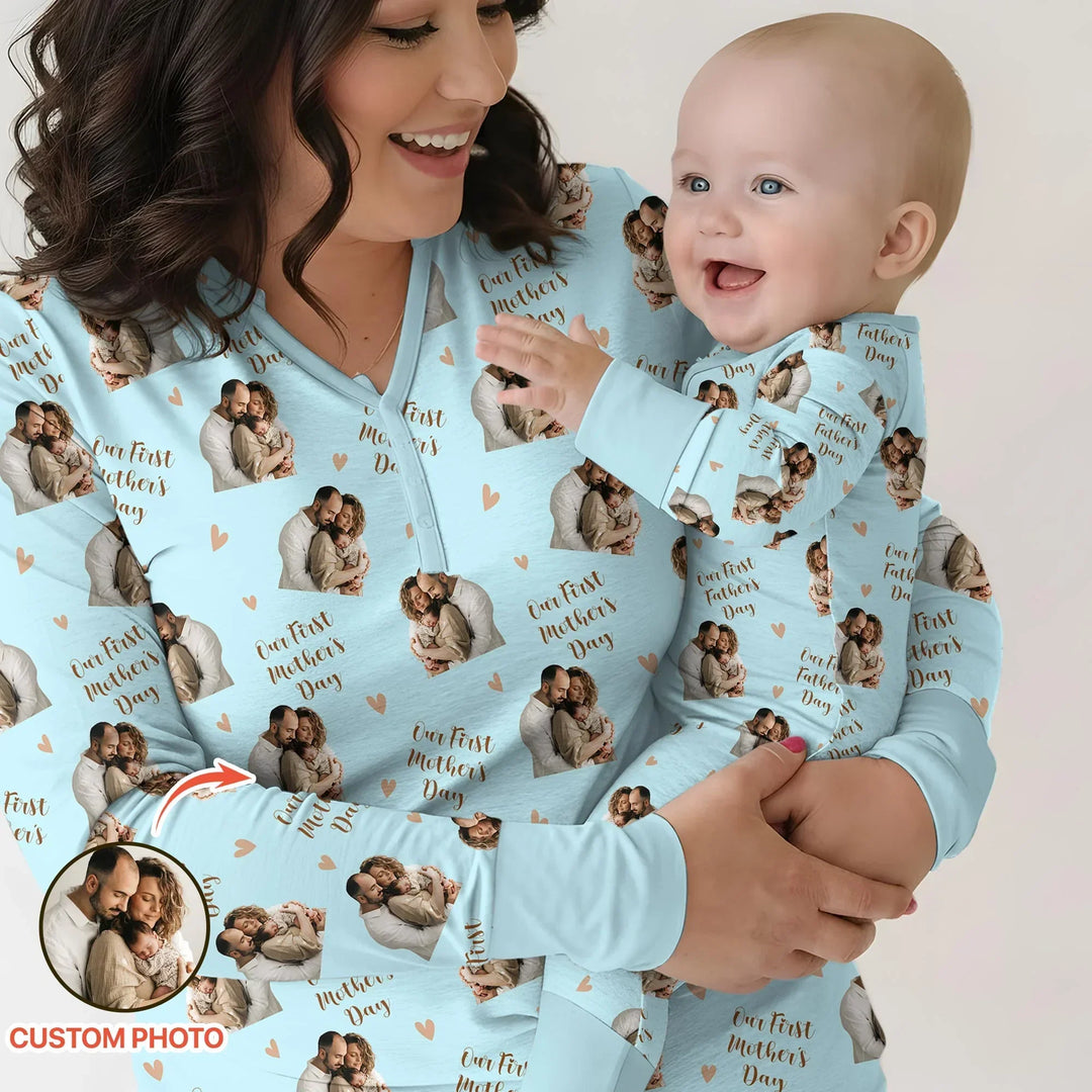 Pijama de dos piezas de bambú con foto personalizada "Our First as Parents" de manga larga