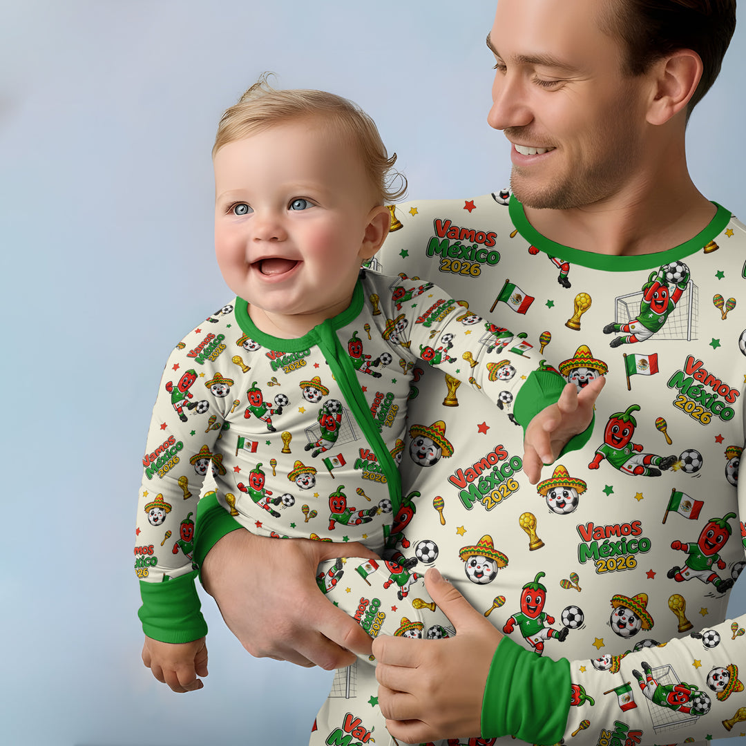 Cartoon World Soccer Vamos Mexico Family Matching Bamboo Two Piece Long Sleeve Pajama Set