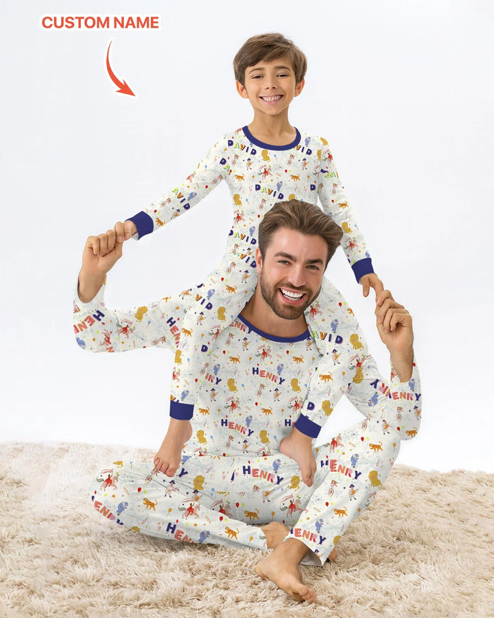 Custom Name Circus Toile Bamboo Two Piece Short Sleeve Shorts Pajama Set