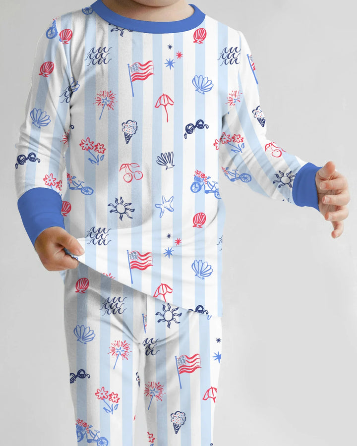 Red, White & Beachy Family Matching Bamboo Two Piece Long Sleeve Pajama Set