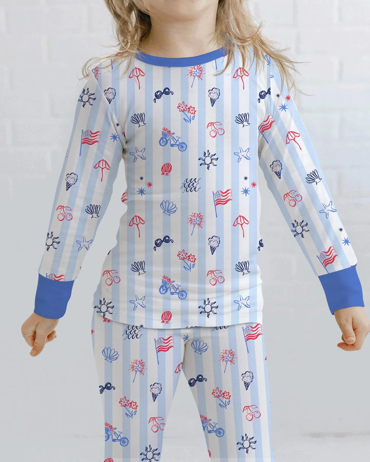 Red, White & Beachy Family Matching Bamboo Two Piece Long Sleeve Pajama Set