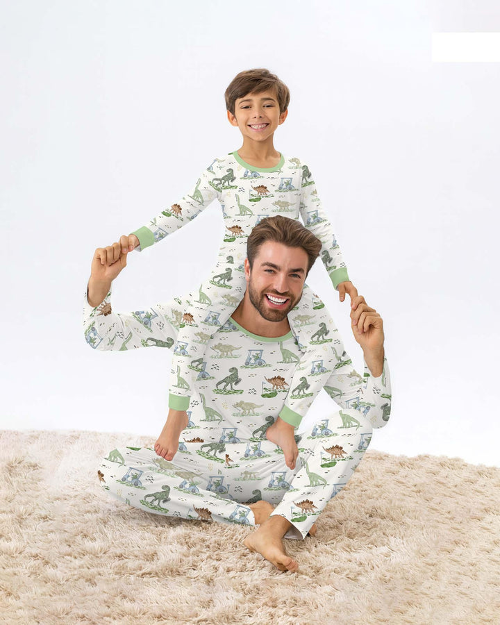 Dinos On The Green Daddy & Me Matching Bamboo Two Piece Long Sleeve Pajama Set