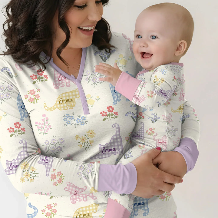 Gingham Cats Custom Name Bamboo Women Pajama Set