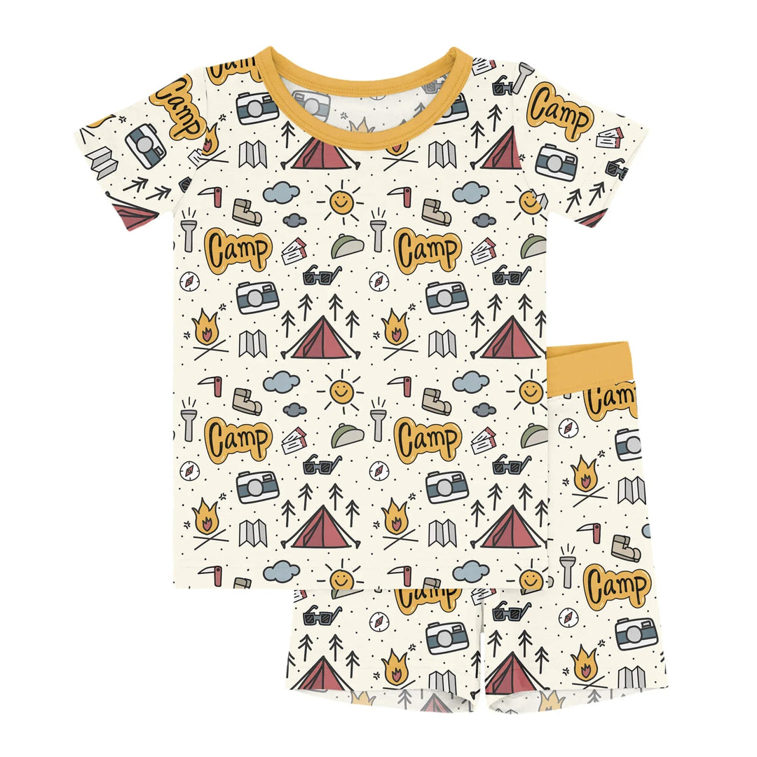 Yellow Camping Two Piece Short Sleeve Shorts Pajama Set - Zumbamboo