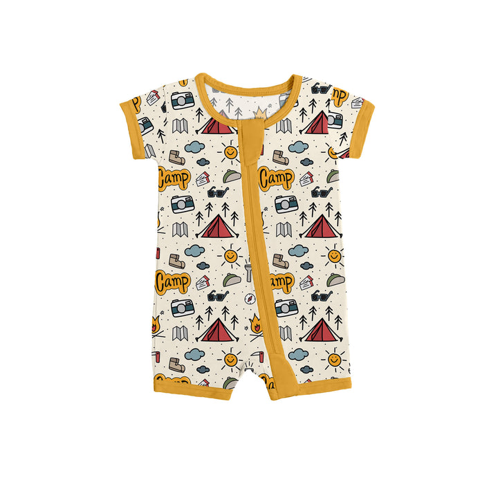 Yellow Camping Shorty Zippered Romper