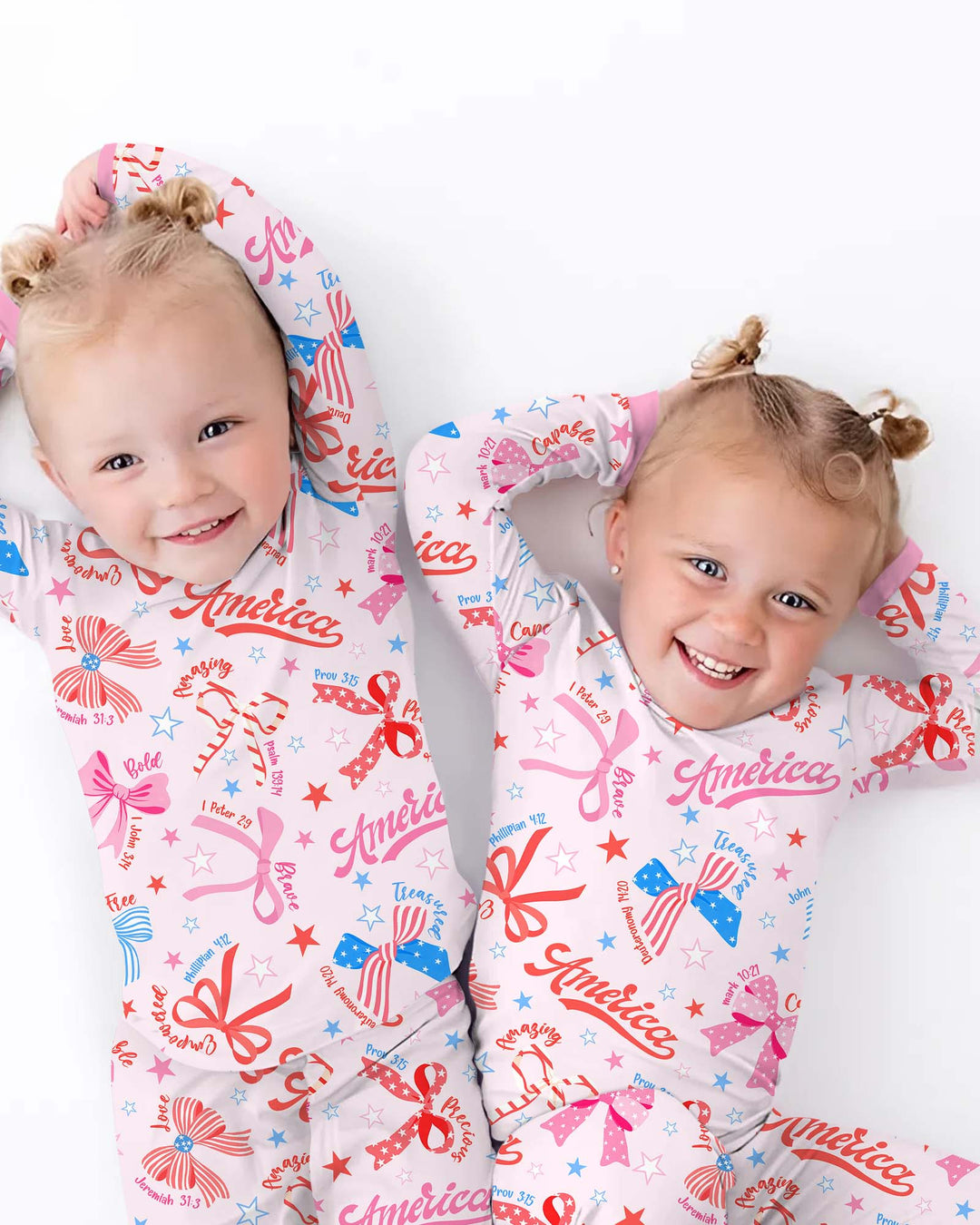 Pink Girly Patriotic Bamboo Two Piece Long Sleeve Pajama Set
