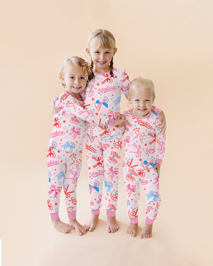 Pink Girly Patriotic Bamboo Two Piece Long Sleeve Pajama Set