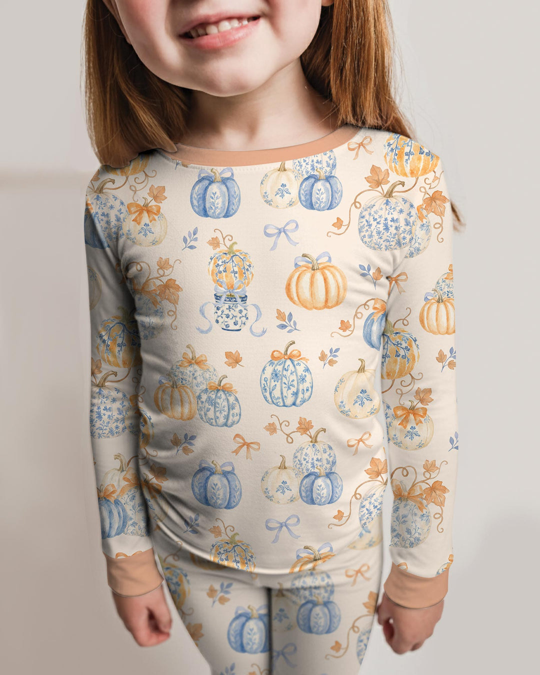 Preppy Blue and Orange Chinoiserie Pumpkin Bamboo Two Piece Long Sleeve Pajama Set