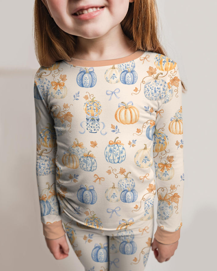 Preppy Blue and Orange Chinoiserie Pumpkin Bamboo Two Piece Long Sleeve Pajama Set