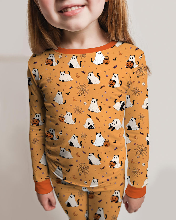 Ghost Cat Vintage Halloween Bamboo Two Piece Long Sleeve Pajama Set