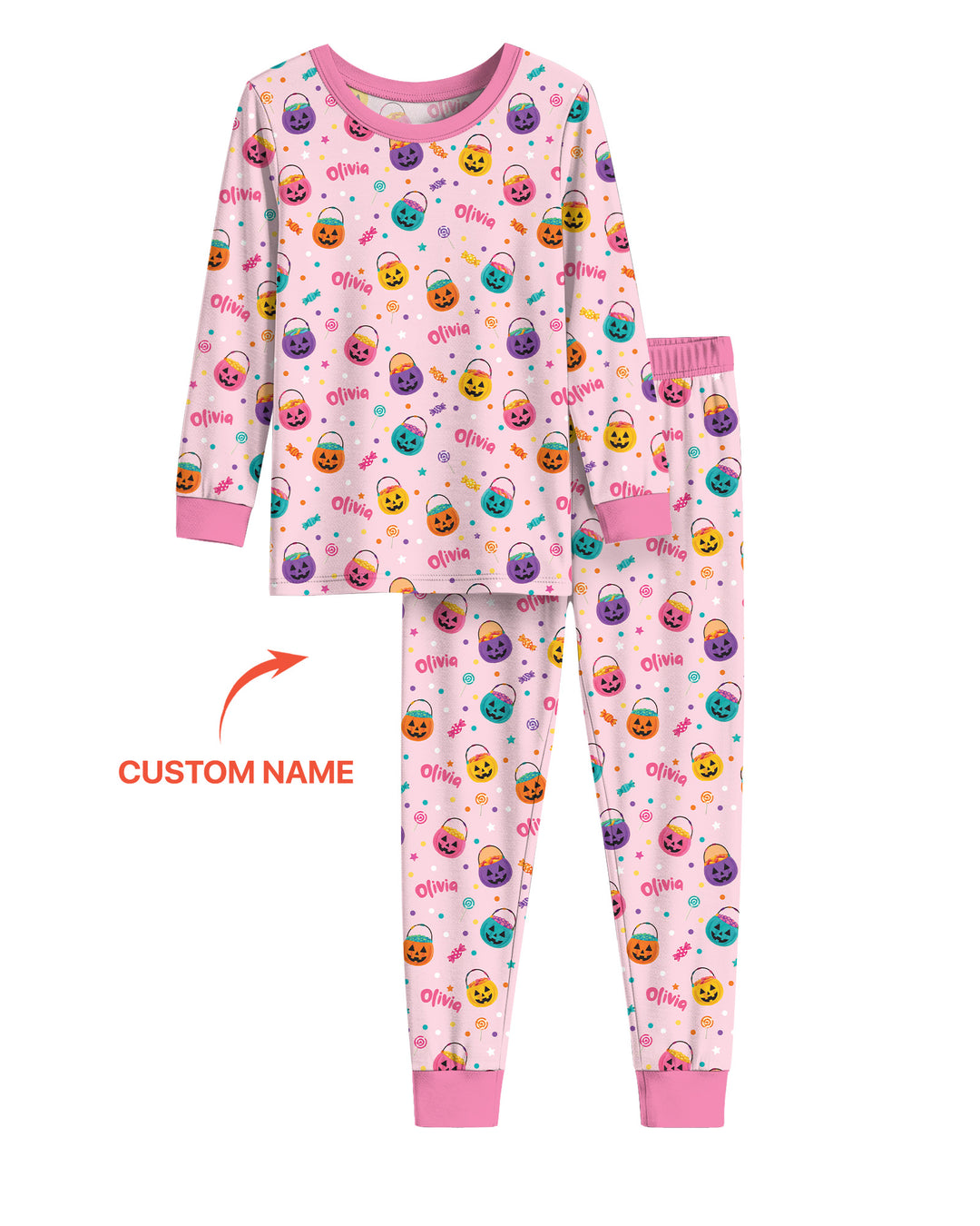 Custom Colorful Trick Or Treat Halloween Candy Bag Bamboo Two Piece Long Sleeve Pajama Set