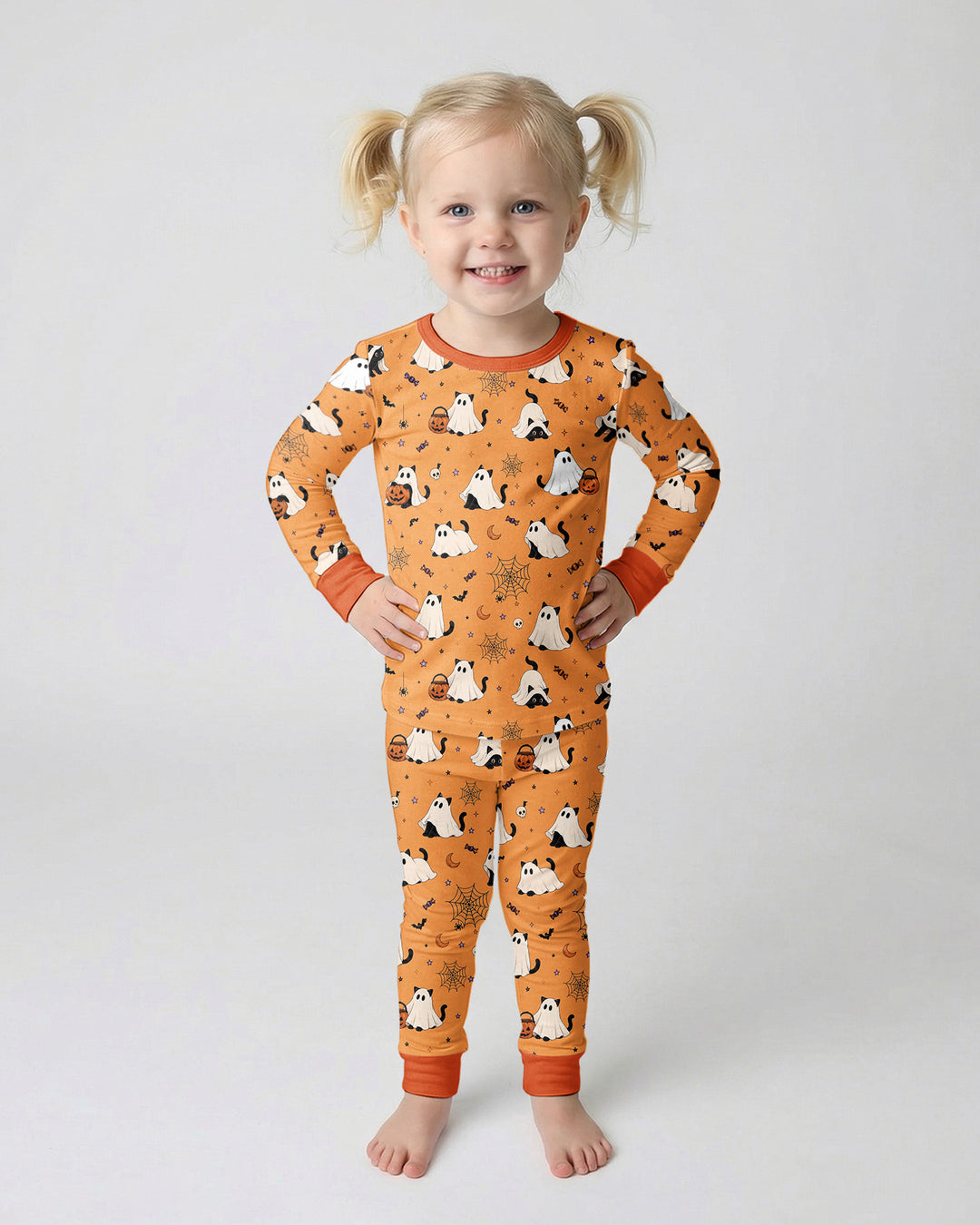 Ghost Cat Vintage Halloween Bamboo Two Piece Long Sleeve Pajama Set