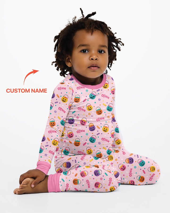 Custom Colorful Trick Or Treat Halloween Candy Bag Bamboo Two Piece Long Sleeve Pajama Set