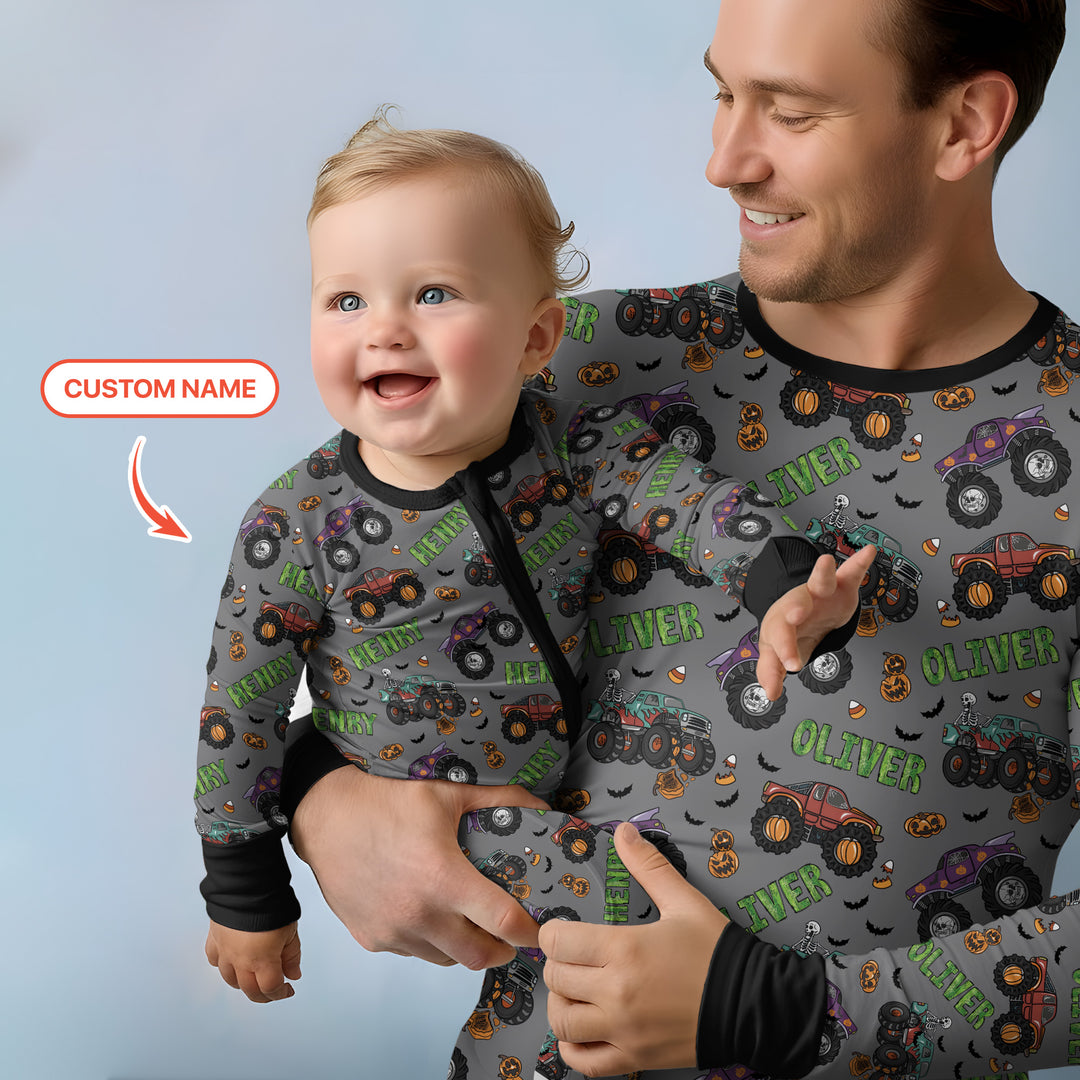 Custom Name Haunted Monster Trucks  Bamboo Men's Pajama Set