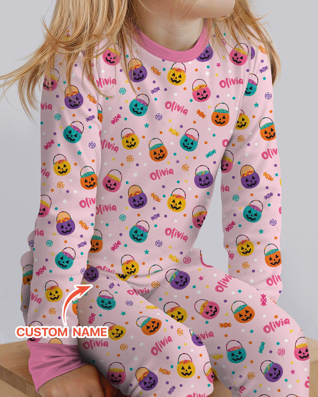 Custom Colorful Trick Or Treat Halloween Candy Bag Bamboo Two Piece Long Sleeve Pajama Set