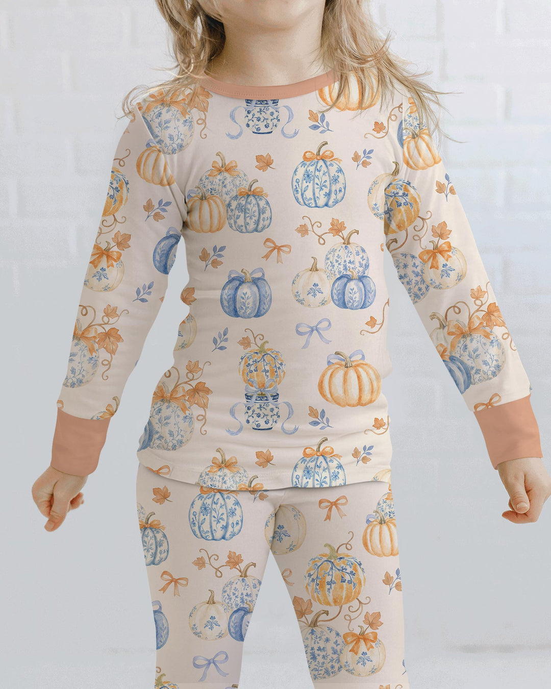 Preppy Blue and Orange Chinoiserie Pumpkin Bamboo Two Piece Long Sleeve Pajama Set