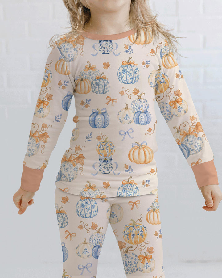 Preppy Blue and Orange Chinoiserie Pumpkin Bamboo Two Piece Long Sleeve Pajama Set