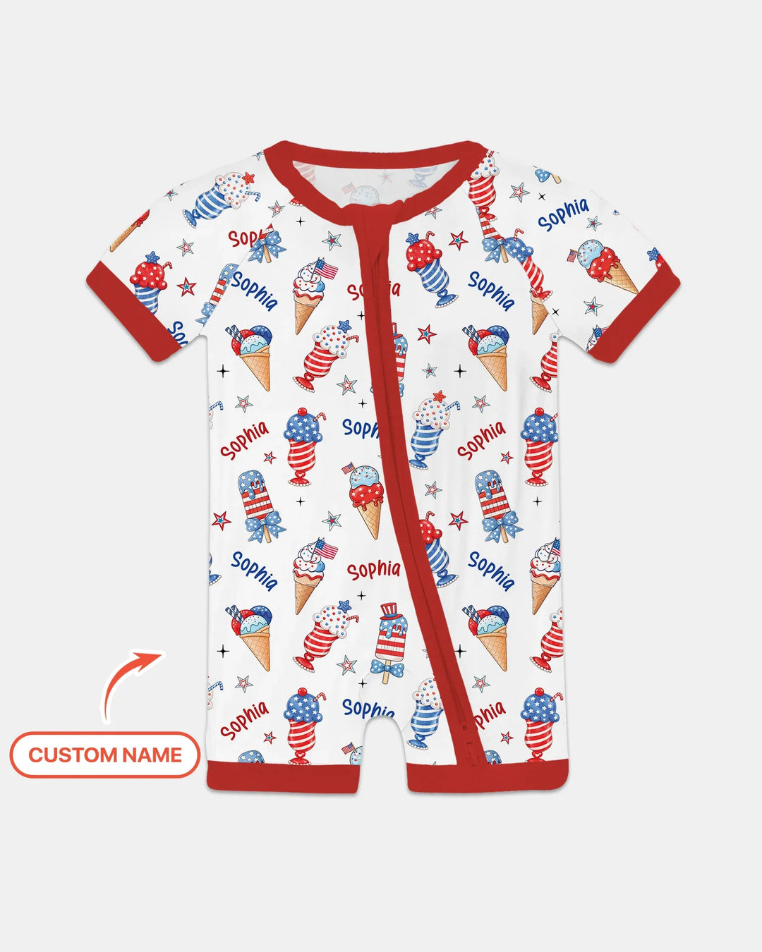 Custom Name Red, White & Ice Cream Bamboo Shorty Zippy