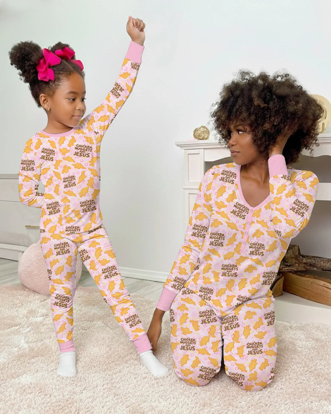 Chicken Nuggets and Jesus Family Matching Bamboo Two Piece Long Sleeve Pajama Set